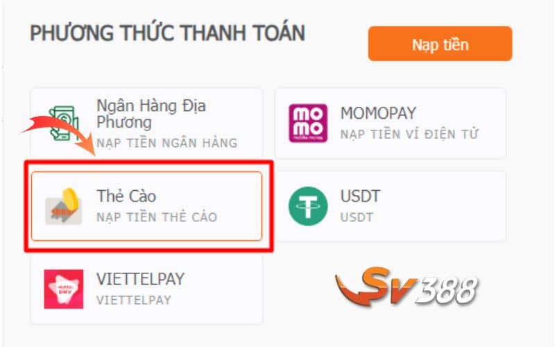 Chọn thẻ cào từ các phương thức nạp tiền SV388